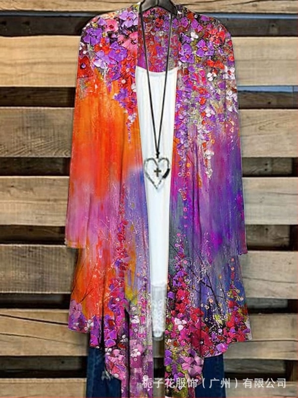 Ženska duga rukava tiskana košulja s produženom dužinom i kragnom od krzna, poliester