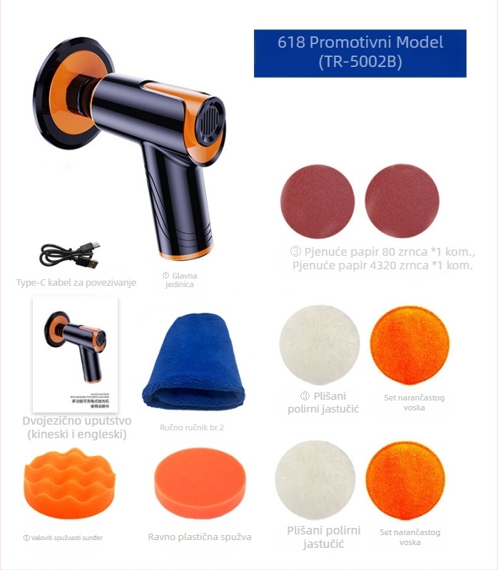 Uređaj za poliranje i voskanje automobila s bežičnim punjenjem (Basdeo, ABS+metal, 80W, model TR-5002)