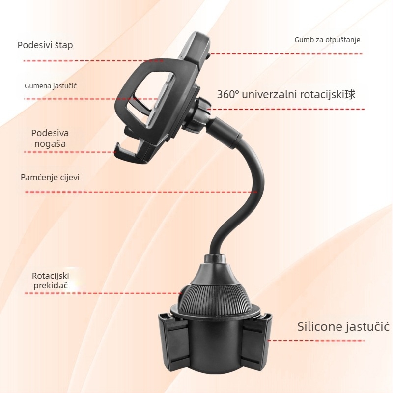 Držač za telefon u držaču za čašu automobila — univerzalno, Snap-On montaža, za središnju konzolu i stražnju klupu, modeli: 1608H, 2208H, 1608HE, Yongxinjia