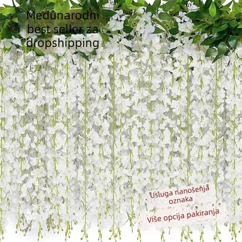 Umjetna glicinija girlanda za unutarnju dekoraciju; materijal: plastika i svilo cvijeće; tehnika: bone shot; sorta: glicinija; namjena: rekviziti za fotografiranje, kućna dekoracija