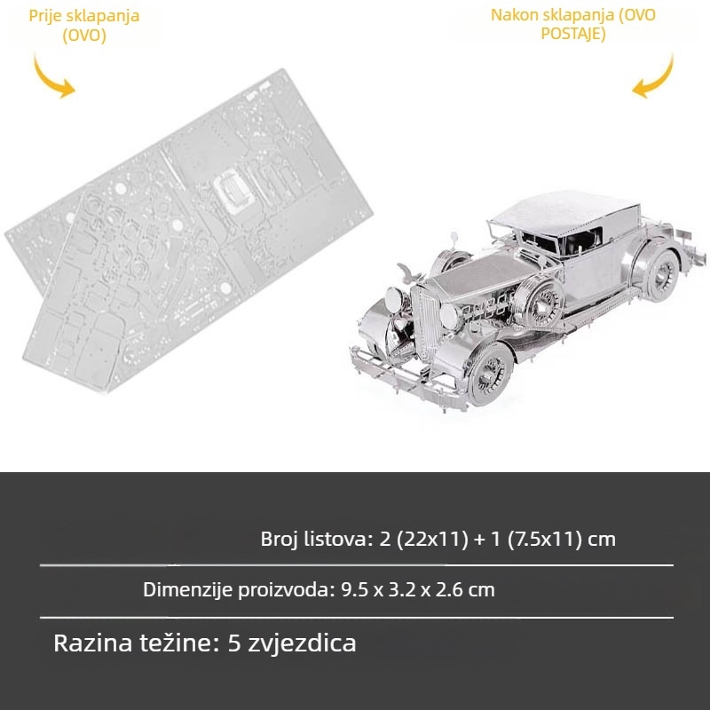 Crazy Model 1934 Packard Klasični auto - 3D metalna slagalica od nehrđajućeg čelika, bez ljepila, DIY sklapanje