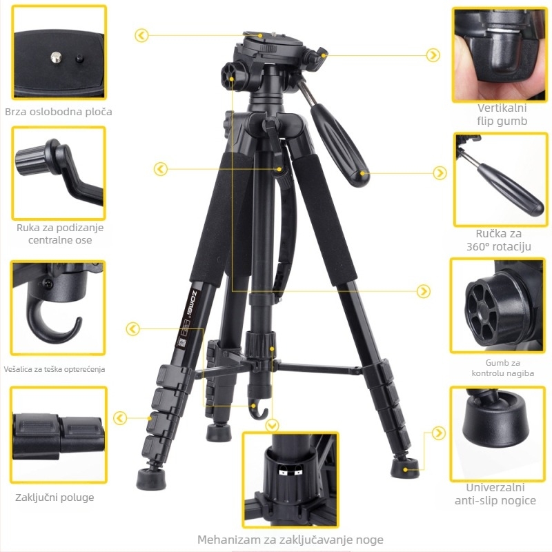 Zomei Q188 stativ s 3-osi glavom, aluminijska legura, nosivost 5 kg, ploča brzog otpuštanja