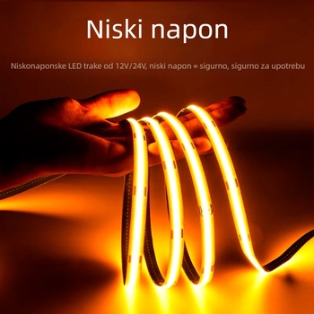 COB LED traka 24V, fleksibilna, samoljepljiva za ormariće, bez sjene, ambijentalno osvjetljenje, 180° snop, podesiva jačina svjetla, CRI 90, 8 W/m, rezanje 5 cm/2,5 cm