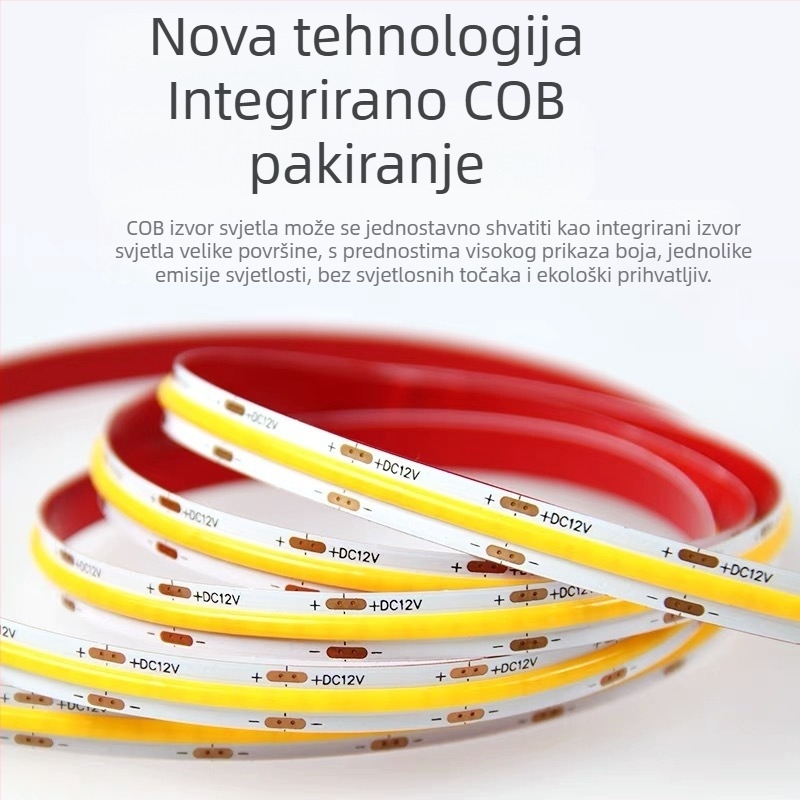 COB LED traka 24V, fleksibilna, samoljepljiva za ormariće, bez sjene, ambijentalno osvjetljenje, 180° snop, podesiva jačina svjetla, CRI 90, 8 W/m, rezanje 5 cm/2,5 cm