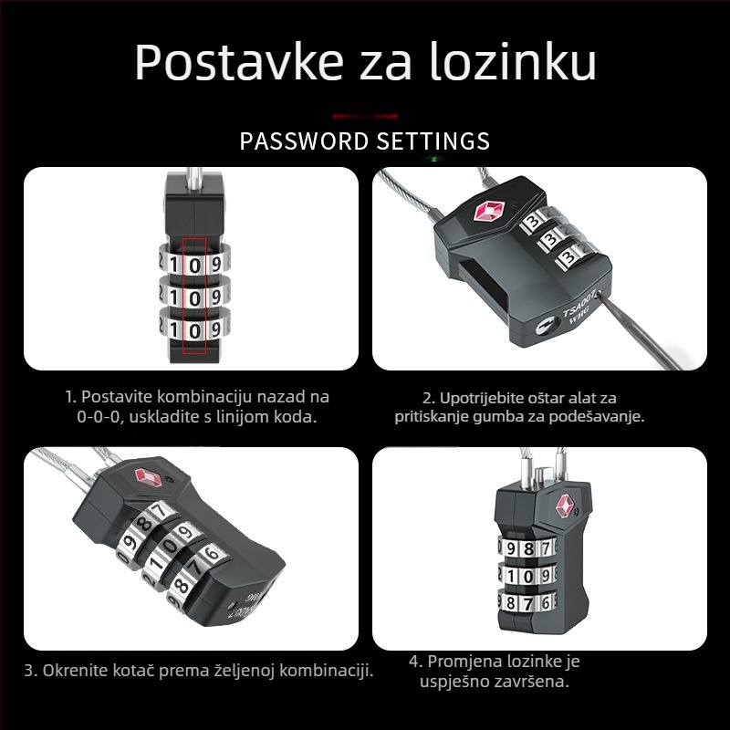 TSA brava za prtljagu od cinkovog legura, model TSA lock, debljina zaključnog štapa 3, razmak šipki 39×24, pogodno za torbe i putovanja