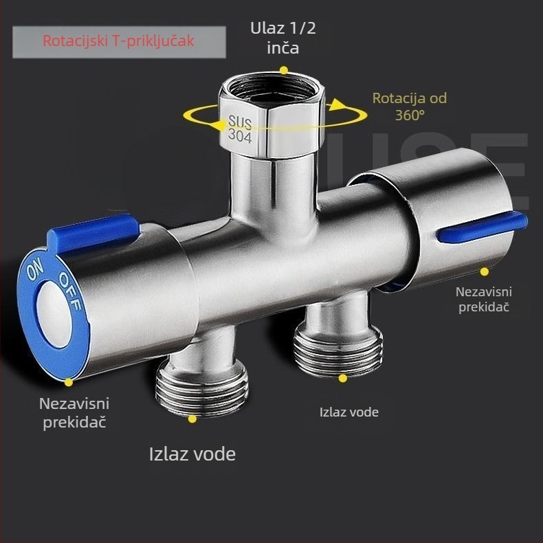 Meden dvostruki izlazni kutni ventil za kuhinju i kupaonicu, s višefunkcijskim sprejom i setom za WC, model: dvostruki izlaz, unutarnji promjer 15, ugradnja u zid, radni tlak 0.8