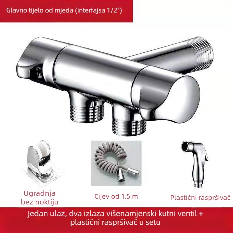 Meden dvostruki izlazni kutni ventil za kuhinju i kupaonicu, s višefunkcijskim sprejom i setom za WC, model: dvostruki izlaz, unutarnji promjer 15, ugradnja u zid, radni tlak 0.8