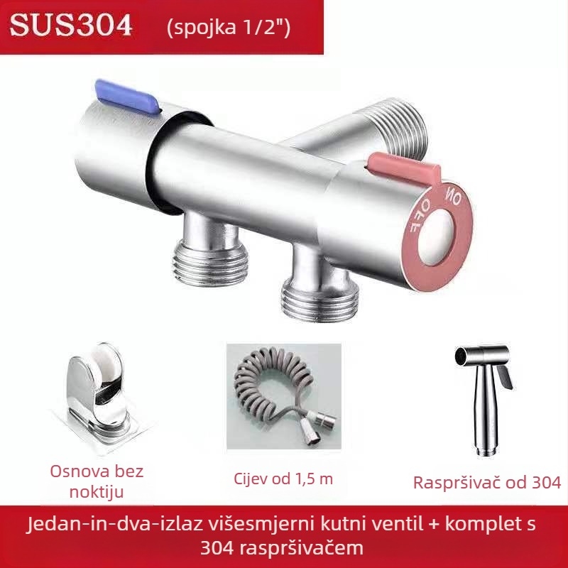 Meden dvostruki izlazni kutni ventil za kuhinju i kupaonicu, s višefunkcijskim sprejom i setom za WC, model: dvostruki izlaz, unutarnji promjer 15, ugradnja u zid, radni tlak 0.8