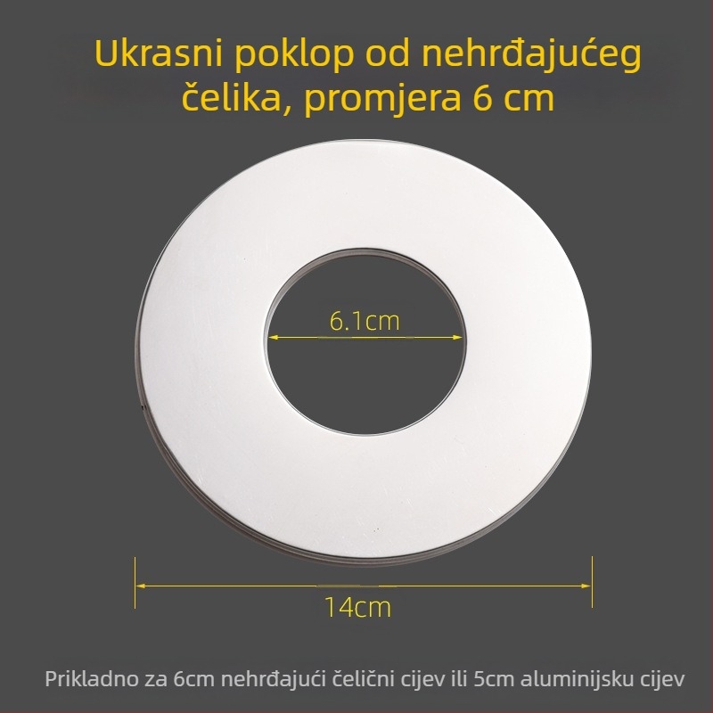 Kružni dekorativni poklop od nehrđajućeg čelika za dimovod bojlera – integrirani podijeljeni zatvarač za otvor na zidu, debljina stijenke 0,3 mm, razred 1