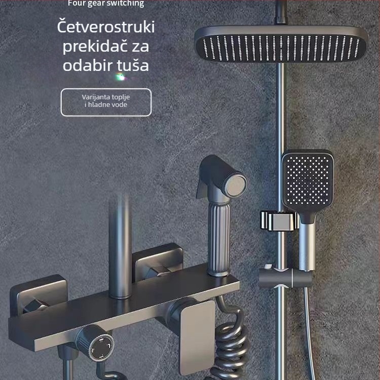 Set tuša sa zidnim montiranjem, kvadratna glava tuša, mesing, četiri postavke, dvostruka slavina, nosač za podizanje, model 8810