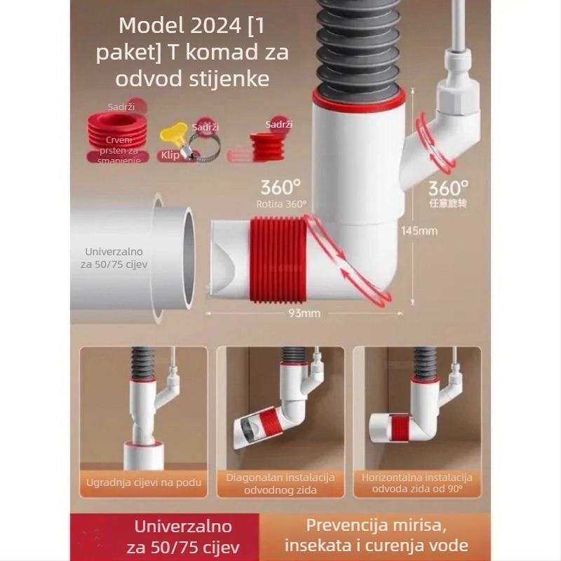 Zidni odvodni ventil s ABS+silikon, funkcija podizanja, britski oblik odvodnje, moderan minimalistički stil (Lj wall row)