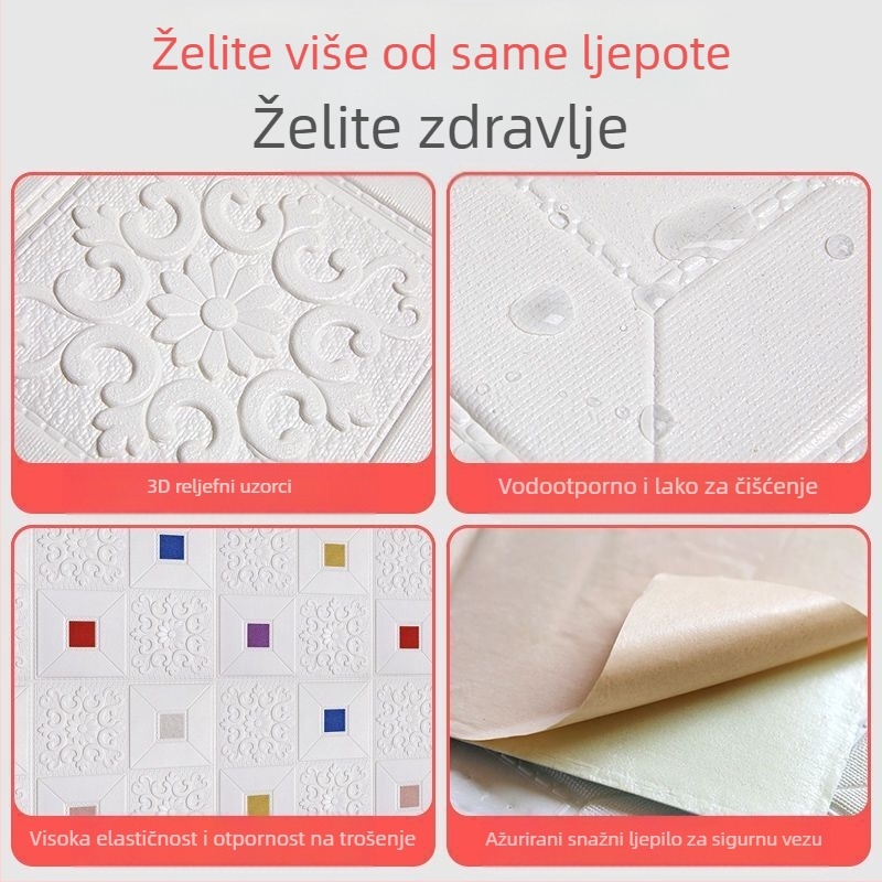 Samoljepljiva 3D zidna naljepnica od pjene XPE, vodootporna, otporna na plijesan, antistatična i zvučno izolirajuća; uzorci: jednobojni, srce, geometrijski, petokraka zvijezda, biljni motivi; pogodno za dnevni boravak, spavaću sobu i ured.