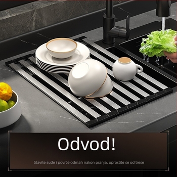 Stalak za sudoper, zidni, nehrđajući čelik, sklopivi odvodni stalak, odvodna mreža s košem, bez ugradnje, moderni minimalistički stil