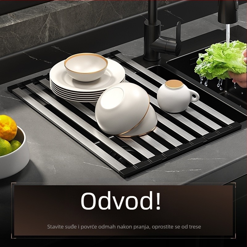 Stalak za sudoper, zidni, nehrđajući čelik, sklopivi odvodni stalak, odvodna mreža s košem, bez ugradnje, moderni minimalistički stil