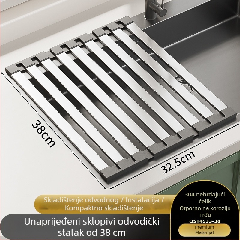 Stalak za sudoper, zidni, nehrđajući čelik, sklopivi odvodni stalak, odvodna mreža s košem, bez ugradnje, moderni minimalistički stil