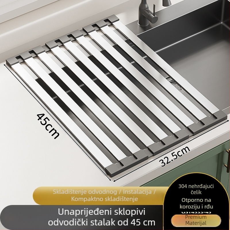 Stalak za sudoper, zidni, nehrđajući čelik, sklopivi odvodni stalak, odvodna mreža s košem, bez ugradnje, moderni minimalistički stil