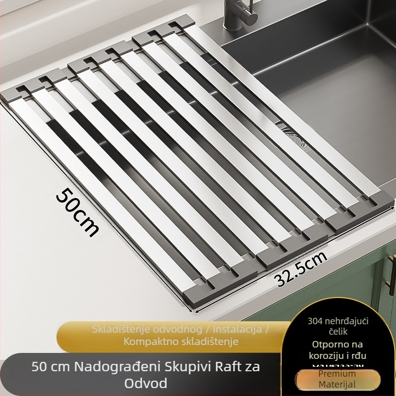 Stalak za sudoper, zidni, nehrđajući čelik, sklopivi odvodni stalak, odvodna mreža s košem, bez ugradnje, moderni minimalistički stil