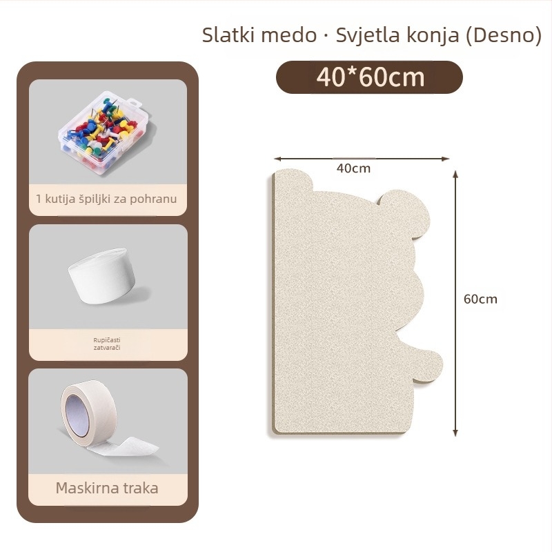 Filc ploča za poruke na zid s motivom medvjeda, kork ploča, crtani stil, pliš materijal, montaža bez bušenja