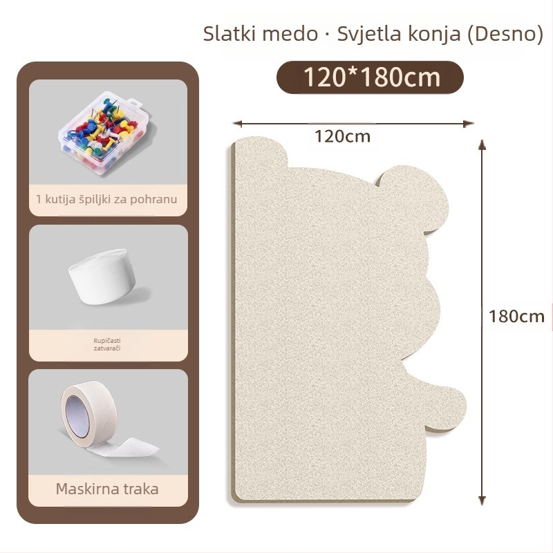 Filc ploča za poruke na zid s motivom medvjeda, kork ploča, crtani stil, pliš materijal, montaža bez bušenja