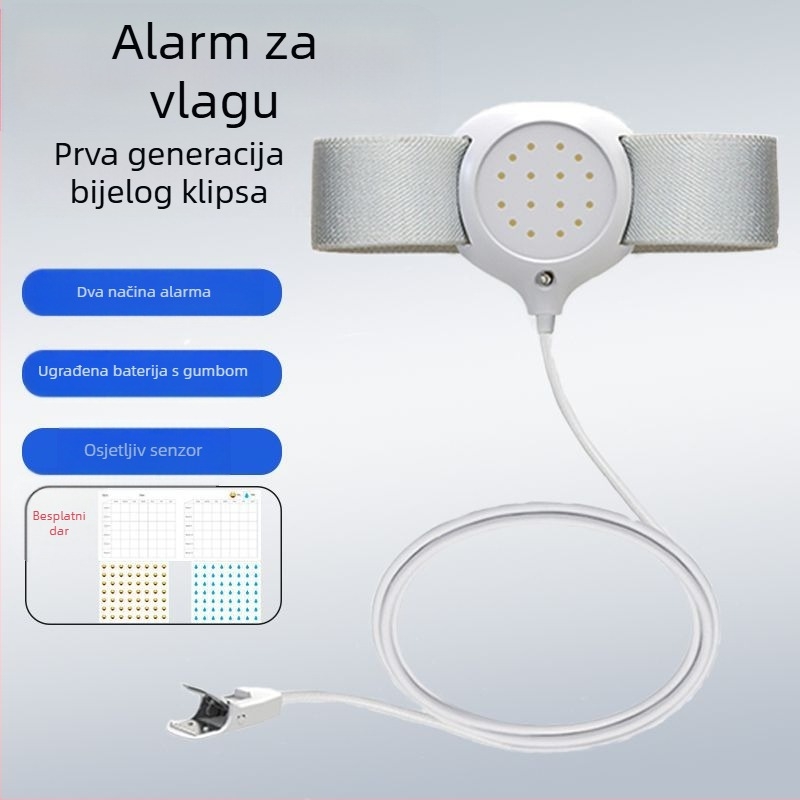 Bežični monitor upozorenja na mokrenje za bebe i starije osobe — načini upozorenja: zvono, vibracija ili zvono+ vibracija; težina uređaja 256 g; pakiranje 50 komada