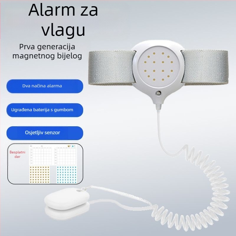 Bežični monitor upozorenja na mokrenje za bebe i starije osobe — načini upozorenja: zvono, vibracija ili zvono+ vibracija; težina uređaja 256 g; pakiranje 50 komada