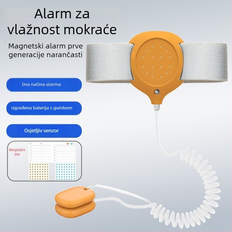 Bežični monitor upozorenja na mokrenje za bebe i starije osobe — načini upozorenja: zvono, vibracija ili zvono+ vibracija; težina uređaja 256 g; pakiranje 50 komada