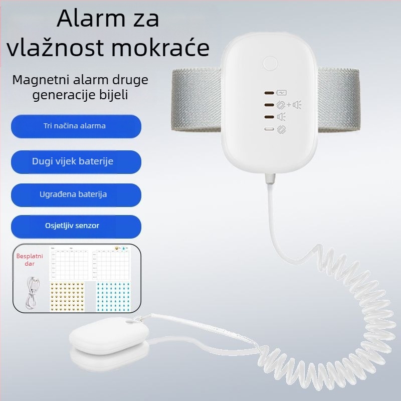 Bežični monitor upozorenja na mokrenje za bebe i starije osobe — načini upozorenja: zvono, vibracija ili zvono+ vibracija; težina uređaja 256 g; pakiranje 50 komada