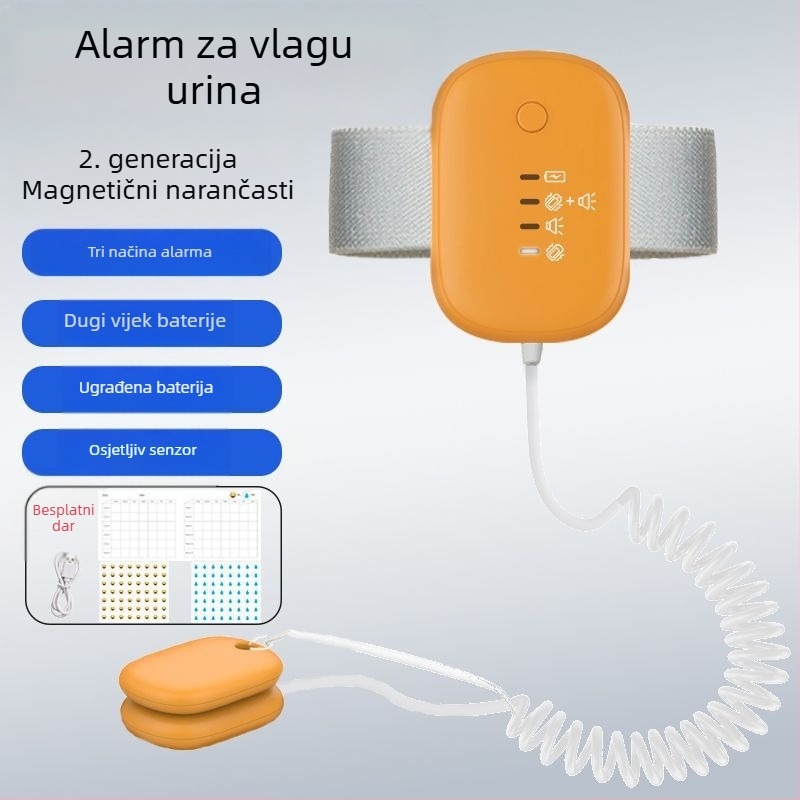 Bežični monitor upozorenja na mokrenje za bebe i starije osobe — načini upozorenja: zvono, vibracija ili zvono+ vibracija; težina uređaja 256 g; pakiranje 50 komada