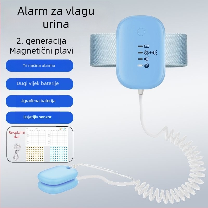 Bežični monitor upozorenja na mokrenje za bebe i starije osobe — načini upozorenja: zvono, vibracija ili zvono+ vibracija; težina uređaja 256 g; pakiranje 50 komada