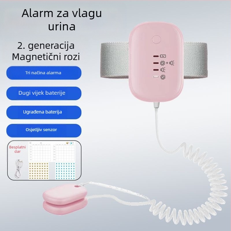 Bežični monitor upozorenja na mokrenje za bebe i starije osobe — načini upozorenja: zvono, vibracija ili zvono+ vibracija; težina uređaja 256 g; pakiranje 50 komada