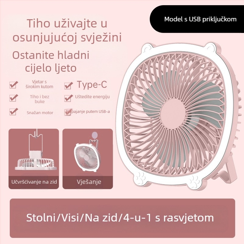 USB stolni ventilator s rasvjetom, 3 brzine, mehanički način, baterija koja se može izvaditi