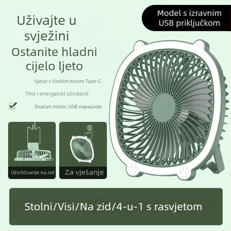 USB stolni ventilator s rasvjetom, 3 brzine, mehanički način, baterija koja se može izvaditi