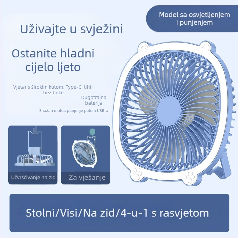 USB stolni ventilator s rasvjetom, 3 brzine, mehanički način, baterija koja se može izvaditi