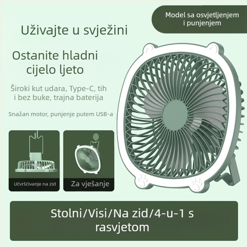 USB stolni ventilator s rasvjetom, 3 brzine, mehanički način, baterija koja se može izvaditi
