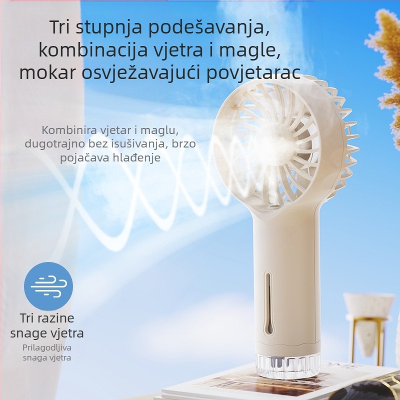 2026 Prijenosni mini ručni ventilator s ovlažavajućim sprejem, za vanjsku upotrebu, USB, 3 brzine
