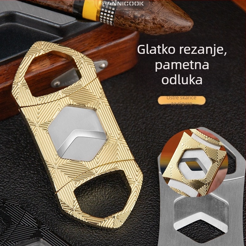 Rezač za cigare s dvostruko oštrim nožem, šesterokutna oštrica, prijenosni metalni dizajn (Materijal: Metal; Oštrica: Cinkov spoj + Nehrđajući čelik; Površina: Elektroplakiranje; Ručno: Da)
