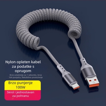 Najlonski kabel za podatke s povlačnim mehanizmom, 100W brzo punjenje, Lightning i Type-C priključci, konstrukcija od najlona