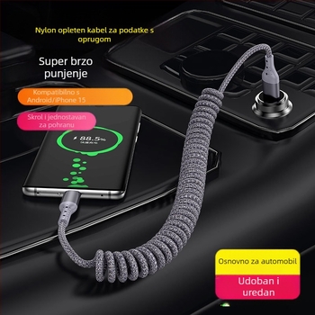 Najlonski kabel za podatke s povlačnim mehanizmom, 100W brzo punjenje, Lightning i Type-C priključci, konstrukcija od najlona
