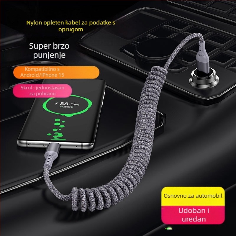 Najlonski kabel za podatke s povlačnim mehanizmom, 100W brzo punjenje, Lightning i Type-C priključci, konstrukcija od najlona