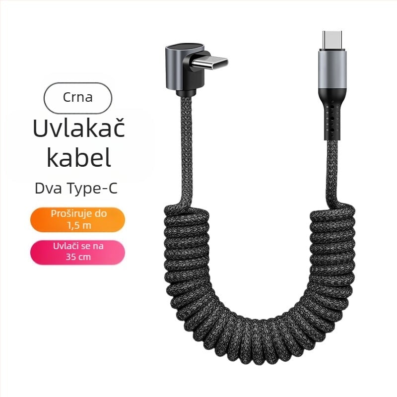 Najlonski kabel za podatke s povlačnim mehanizmom, 100W brzo punjenje, Lightning i Type-C priključci, konstrukcija od najlona