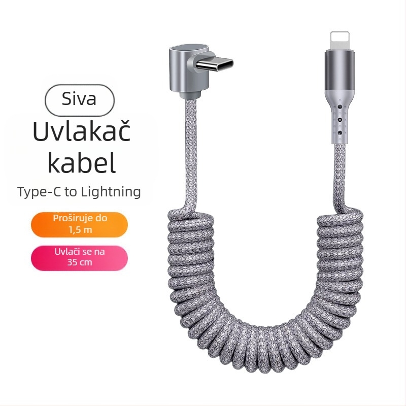 Najlonski kabel za podatke s povlačnim mehanizmom, 100W brzo punjenje, Lightning i Type-C priključci, konstrukcija od najlona