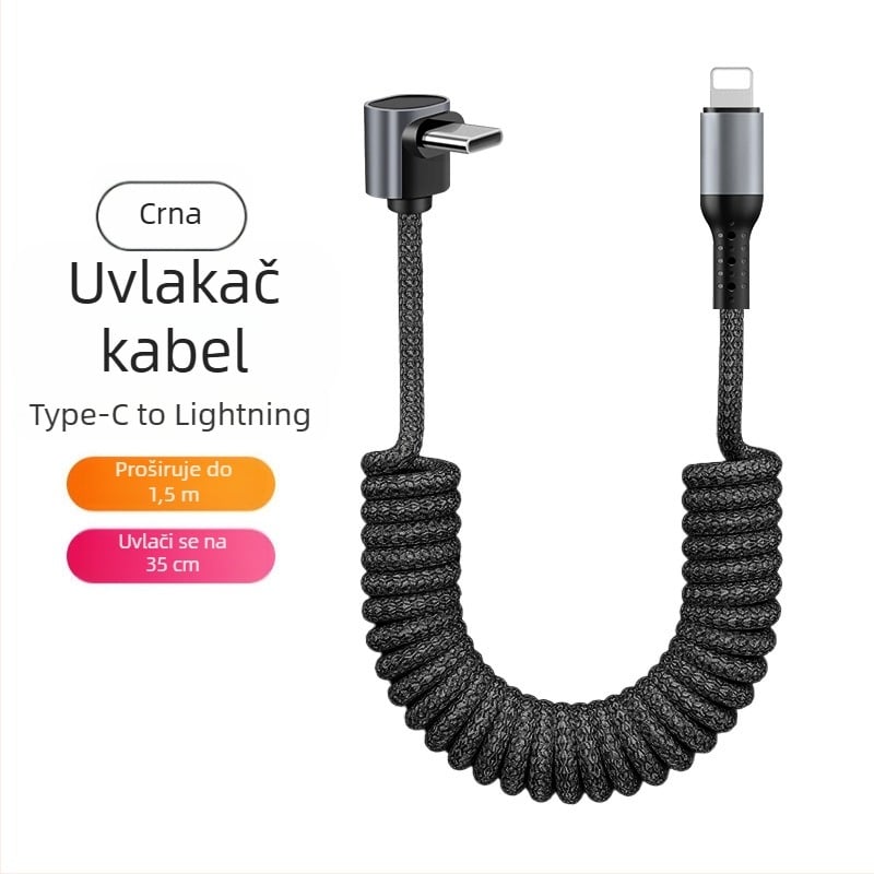 Najlonski kabel za podatke s povlačnim mehanizmom, 100W brzo punjenje, Lightning i Type-C priključci, konstrukcija od najlona
