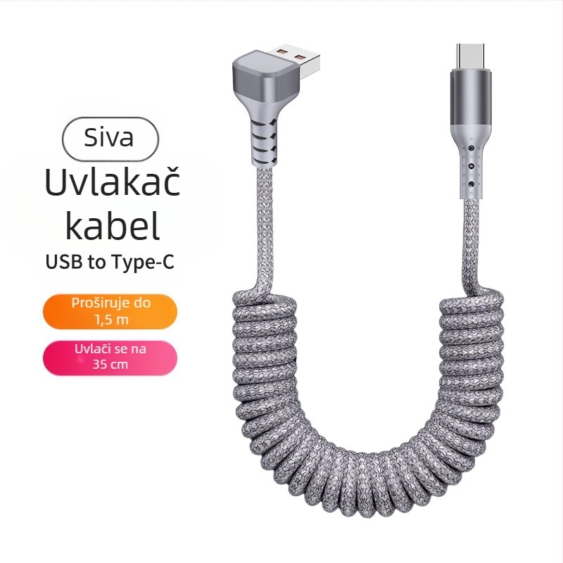 Najlonski kabel za podatke s povlačnim mehanizmom, 100W brzo punjenje, Lightning i Type-C priključci, konstrukcija od najlona