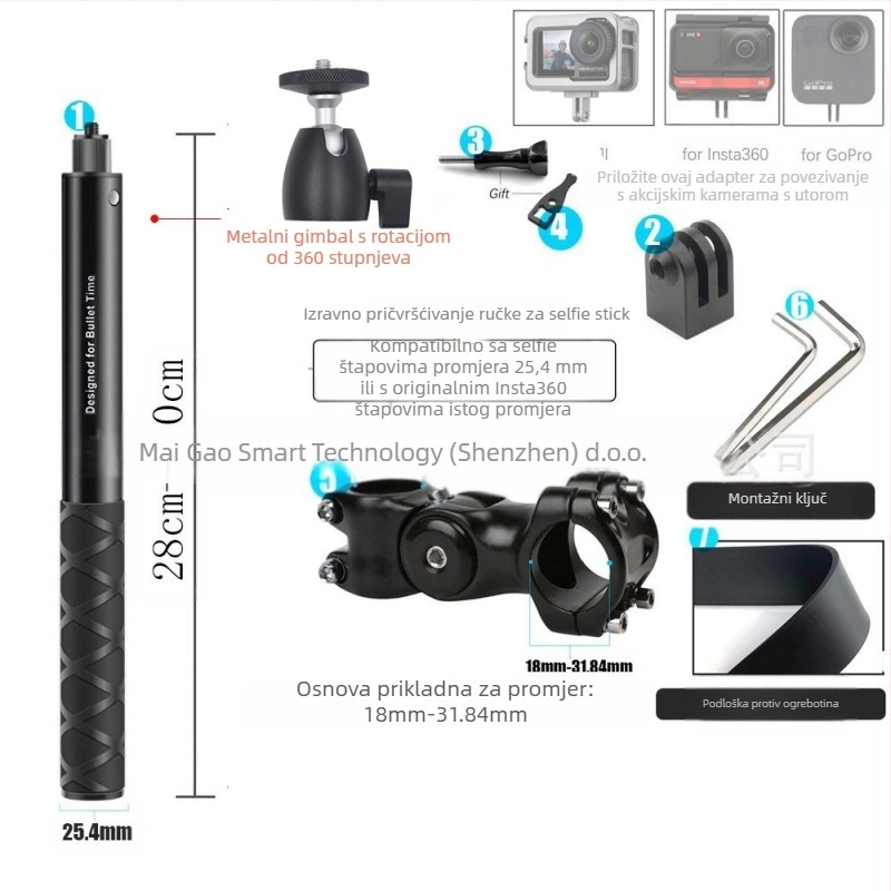 Držač kamere za treću osobu za motocikl/bicikl – aluminijska legura; selfie štapić kompatibilan s GoPro i Insta360 X3