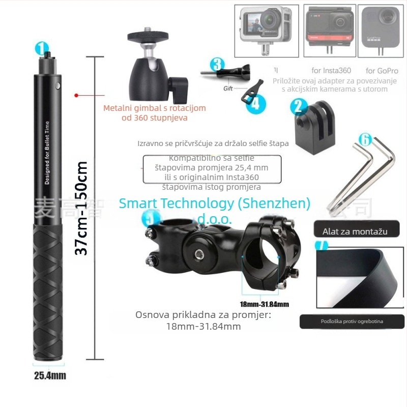 Držač kamere za treću osobu za motocikl/bicikl – aluminijska legura; selfie štapić kompatibilan s GoPro i Insta360 X3