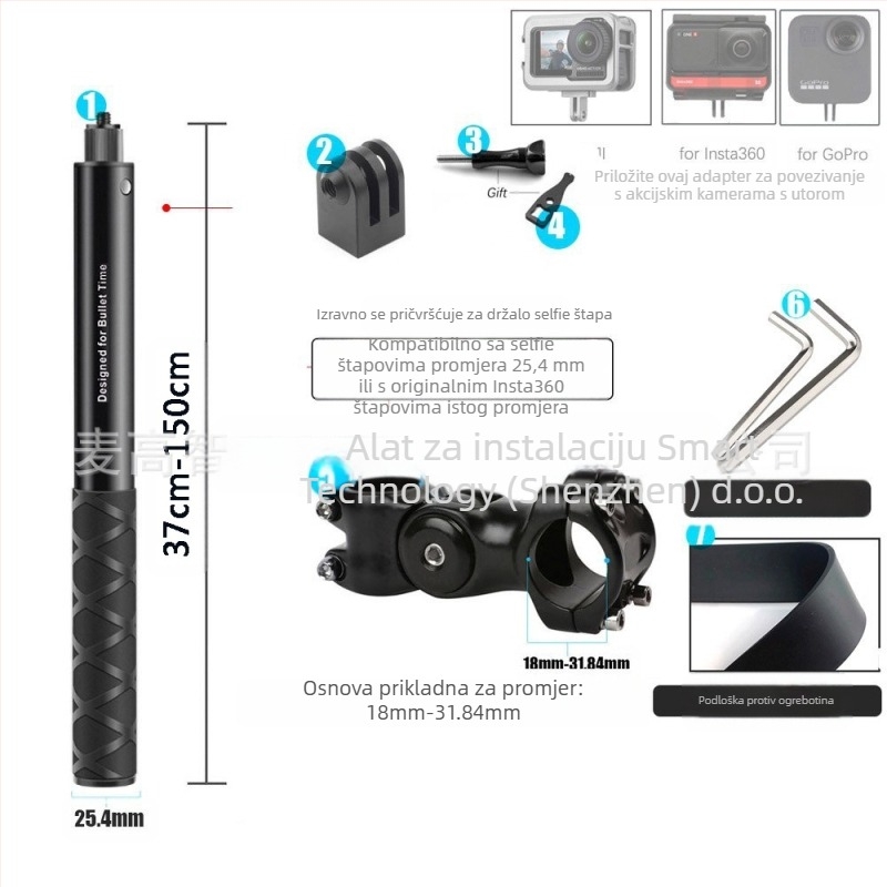 Držač kamere za treću osobu za motocikl/bicikl – aluminijska legura; selfie štapić kompatibilan s GoPro i Insta360 X3