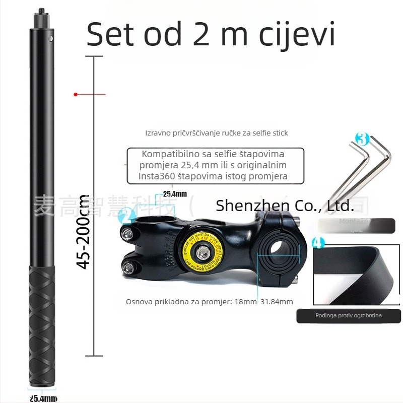 Držač kamere za treću osobu za motocikl/bicikl – aluminijska legura; selfie štapić kompatibilan s GoPro i Insta360 X3