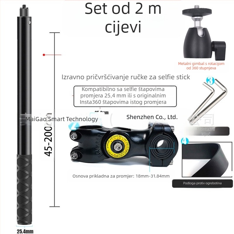 Držač kamere za treću osobu za motocikl/bicikl – aluminijska legura; selfie štapić kompatibilan s GoPro i Insta360 X3
