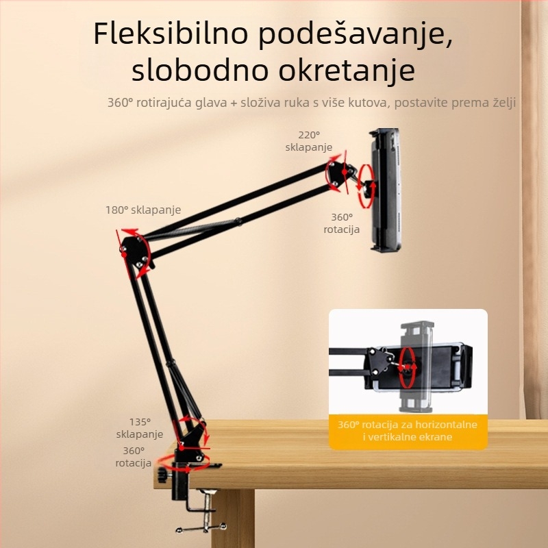 Držač za telefon i tablet za stolni ili noćni stol — teleskopska sklopiva konzola, metal+ABS, mogućnost prilagodbe