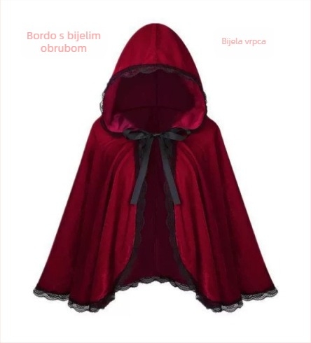 Cosplay Crvenkapica: crveni baršun kaput s kapuljačom i čipkastim detaljima